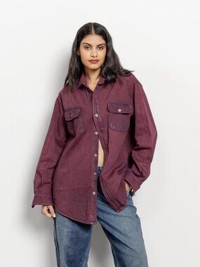 VINTAGE DENIM SHIRT Burgundy Jean Cotton Workwear Streetwear 90's Oversize